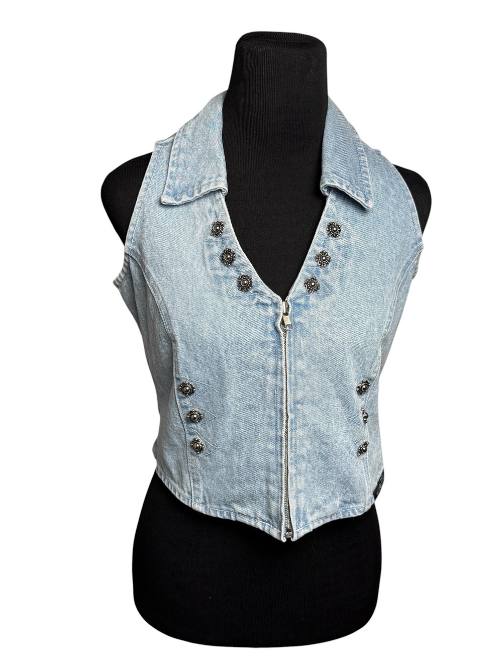 Women M Western Ethics Jean Vest Blue Sleeveless Button Studded Country Cowgirl
